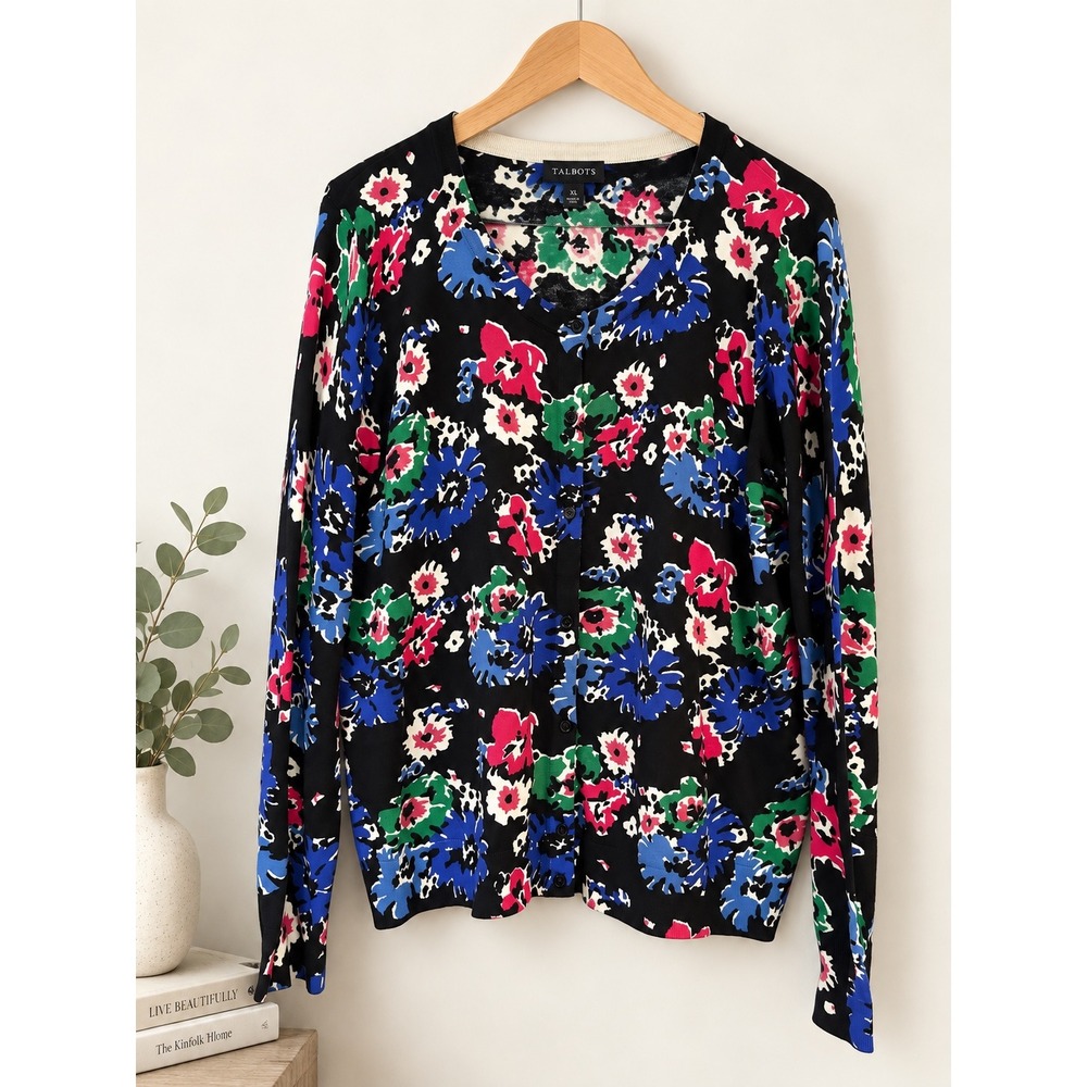 Talbots XL Cardigan Sweater Black Floral V-Neck Button Front Cotton Rayon Blend